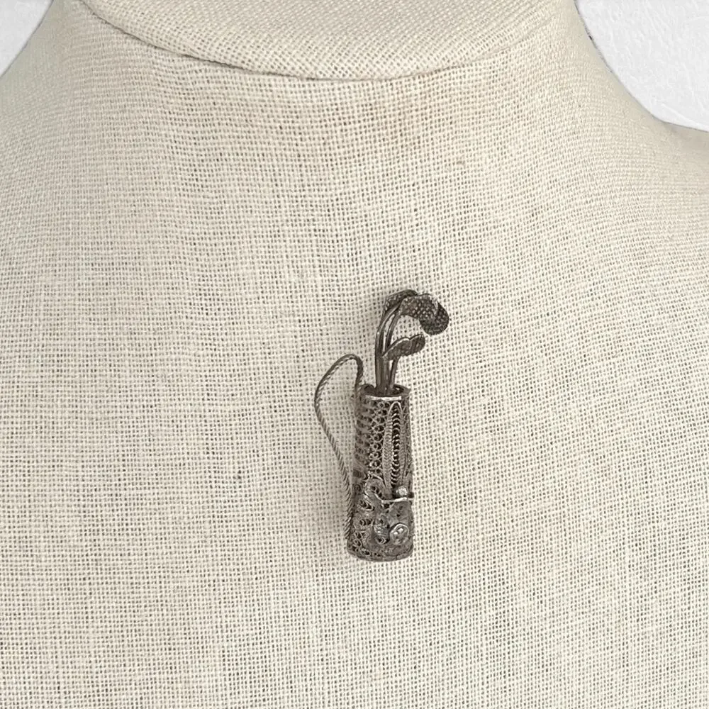 Vintage Filigree Brooch Golf Clubs Bag Handcrafted Pin Ornate Silver Tone Estate